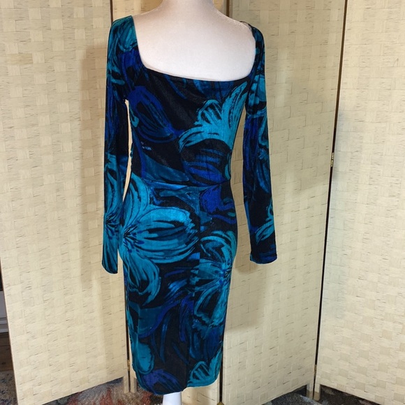 VENUS DRESS BLUE GREEN BLACK BODYCON LONG SLEEVED COCKTAIL DRESS V NECK … - Picture 6 of 13